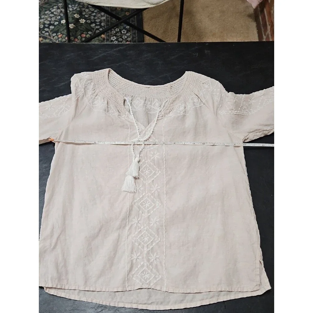 100% LINEN Embroidered Blouse Tassel Top Coastal Grandmother Boho S